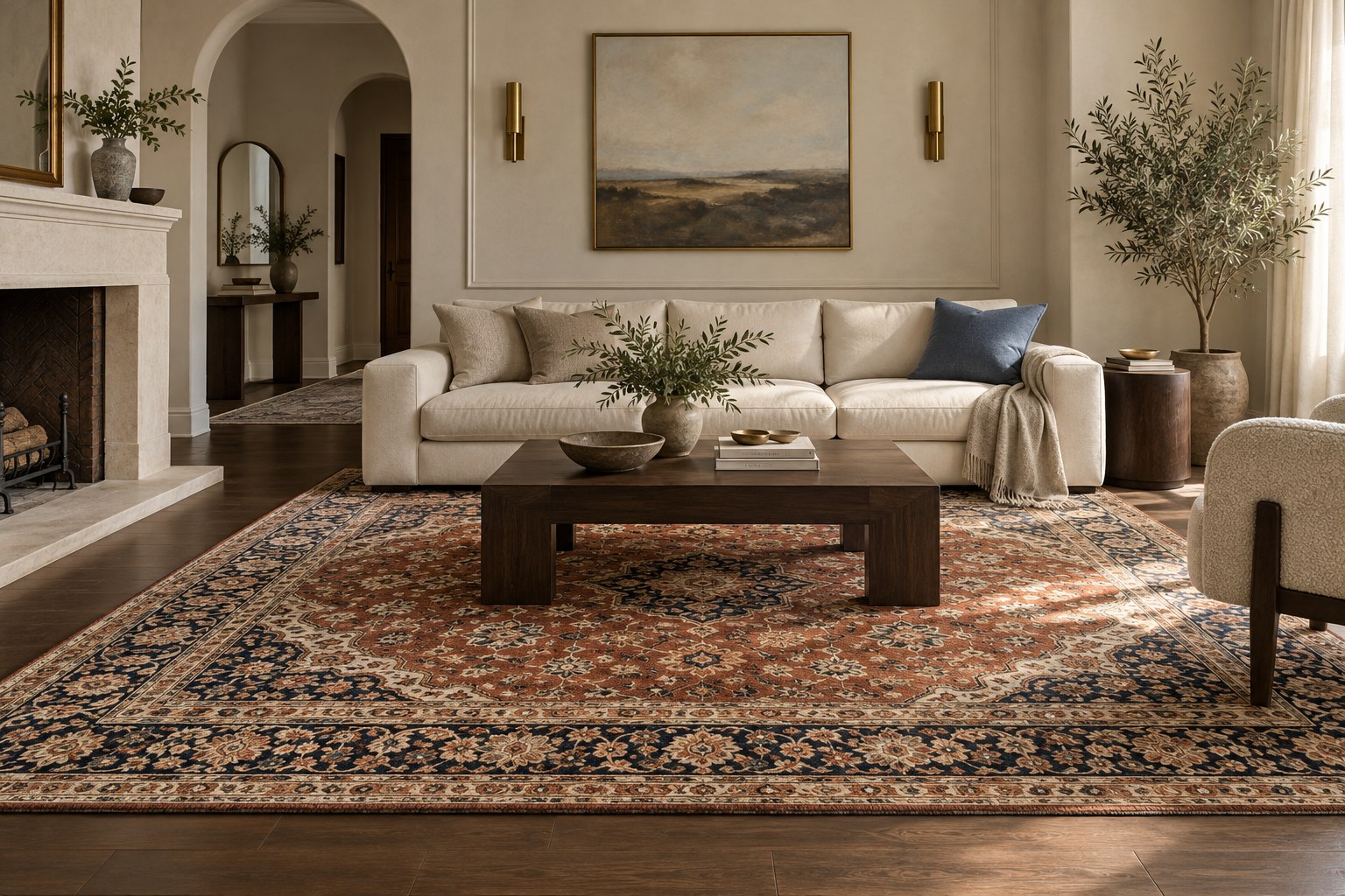 Elegant living room styled with a richly patterned carpet